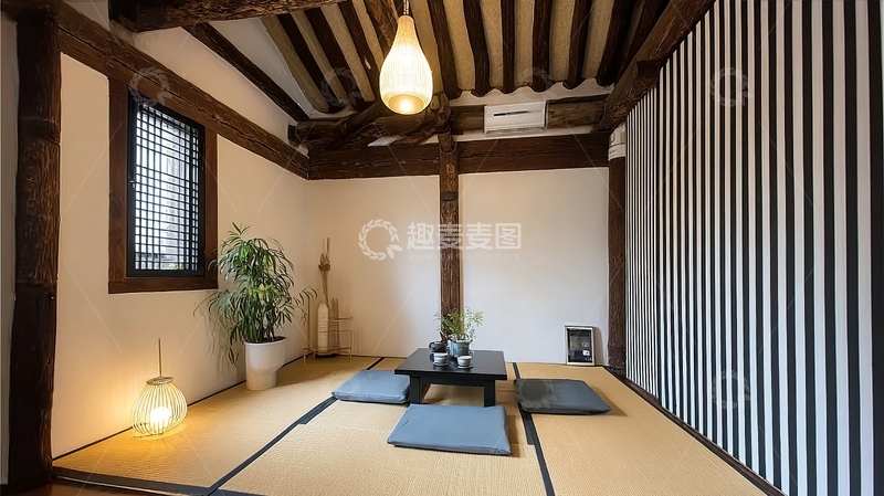 高清大图下载【趣麦麦图】日式传统房间内景木质梁柱与榻榻米地板