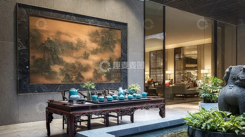 高清大图下载【趣麦麦图】现代室内茶室摆放着茶具和大型山水画