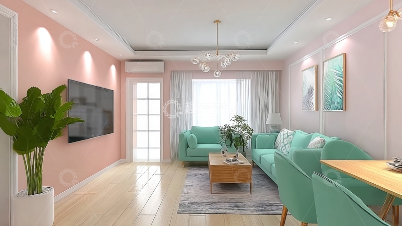 高清大图下载【趣麦麦图】现代客厅设计粉色墙面搭配绿色沙发温馨舒适