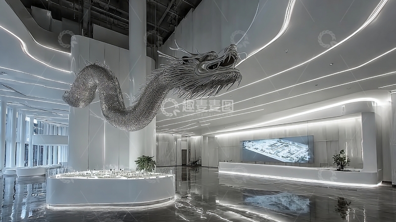 高清大图下载【趣麦麦图】现代室内空间悬挂着一条金属质感的龙形雕塑