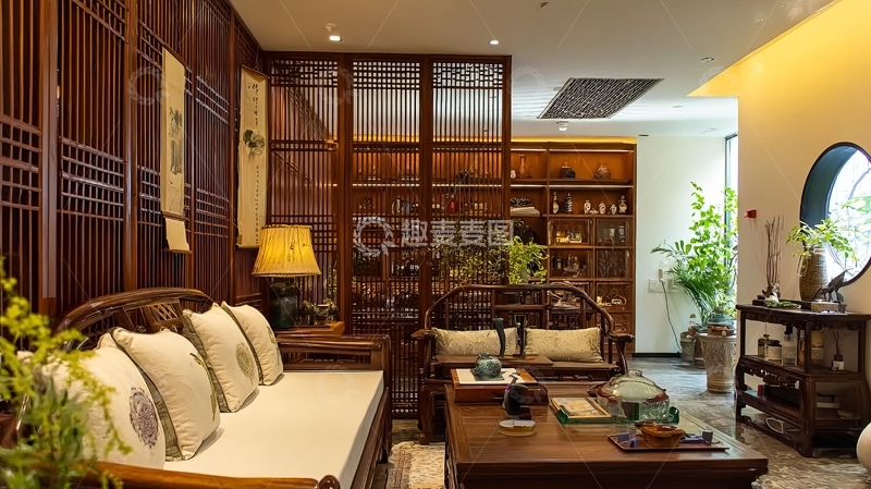 高清大图下载【趣麦麦图】中式风格室内空间展示木质家具与装饰品