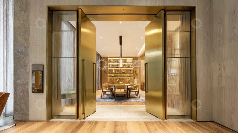 高清大图下载【趣麦麦图】现代豪华室内入口展示金色门与书架区域
