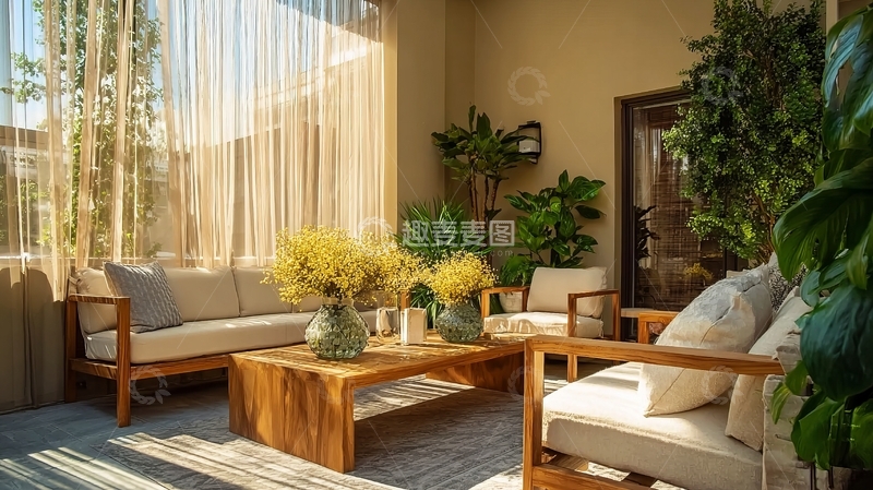 高清大图下载【趣麦麦图】现代风格客厅布置温馨舒适绿植环绕
