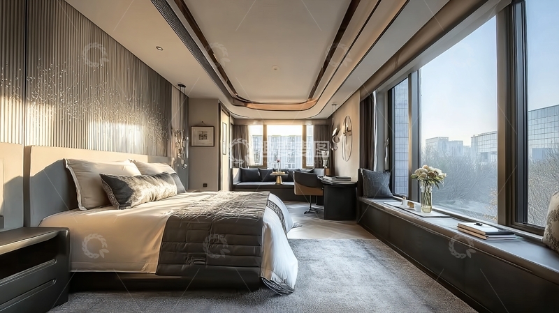 高清大图下载【趣麦麦图】现代豪华卧室配备大窗户和城市景观