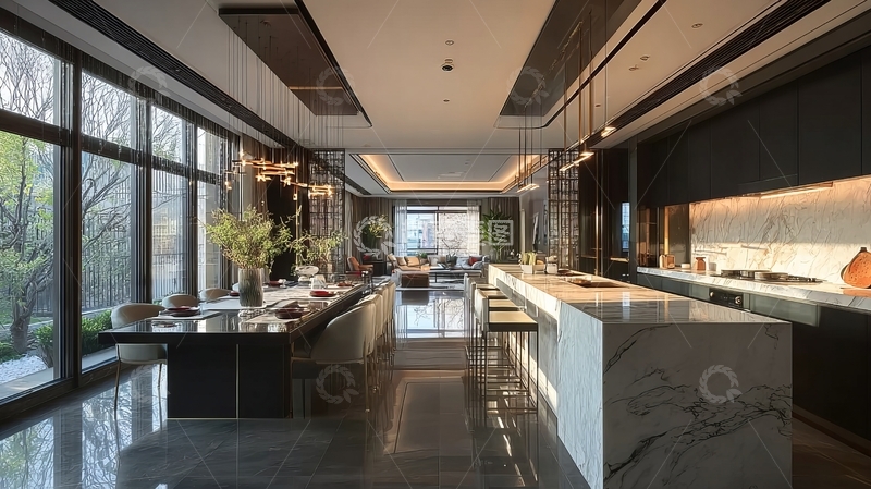 高清大图下载【趣麦麦图】现代豪华厨房与餐厅一体化设计
