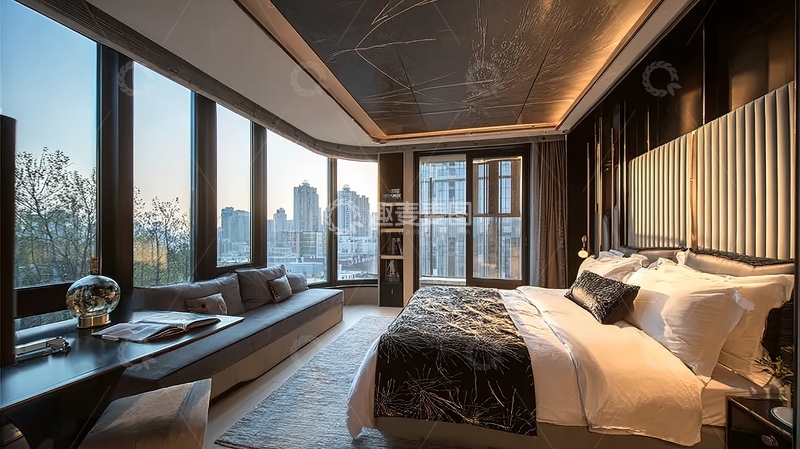 高清大图下载【趣麦麦图】现代豪华卧室配备落地窗和城市景观