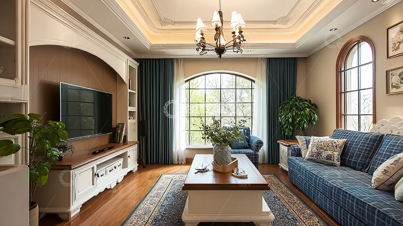 高清大图下载【趣麦麦图】典雅客厅布置配有蓝色沙发和大型窗户