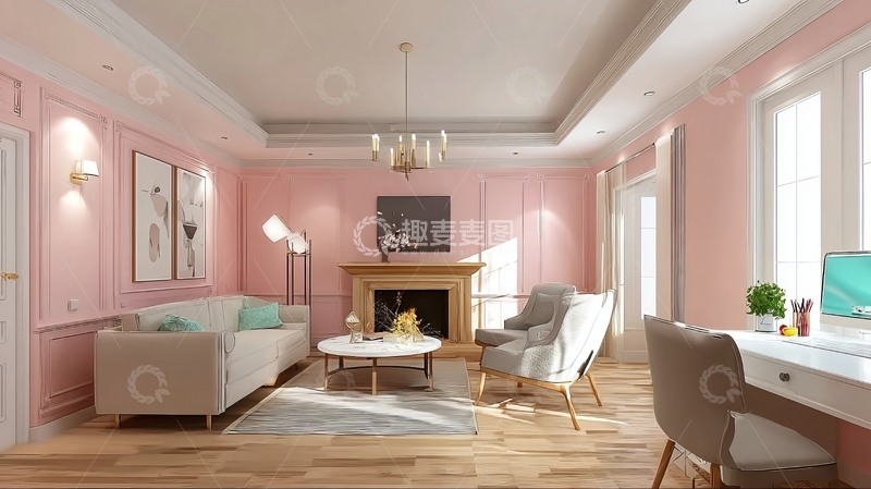高清大图下载【趣麦麦图】现代客厅设计融合舒适与办公功能