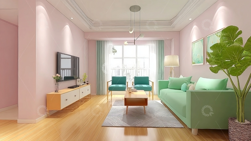 高清大图下载【趣麦麦图】现代客厅粉色墙面搭配绿色沙发温馨舒适