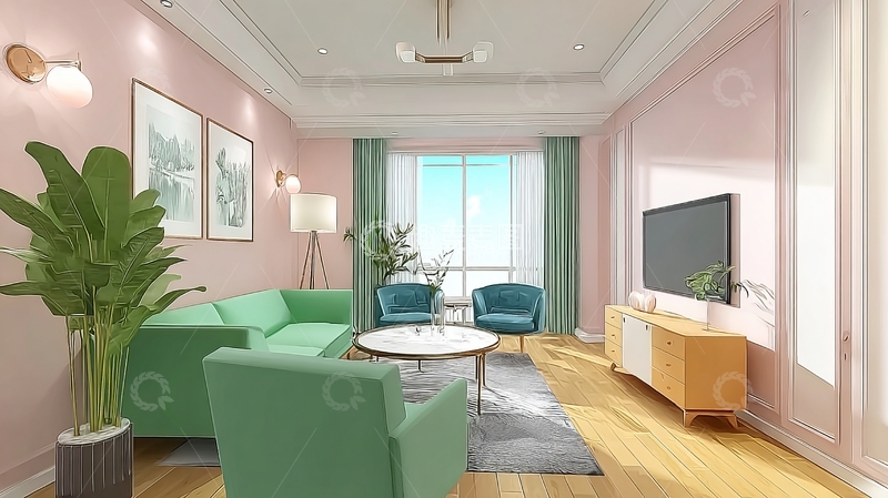 高清大图下载【趣麦麦图】现代客厅设计以绿色沙发和明亮窗户为特色