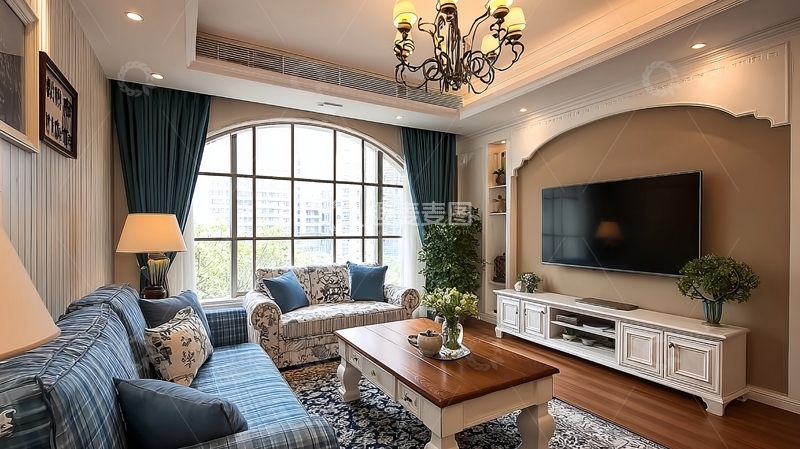 高清大图下载【趣麦麦图】现代客厅布置温馨舒适配有大窗户和蓝色沙发