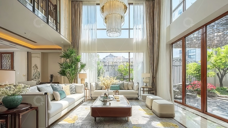 高清大图下载【趣麦麦图】豪华现代客厅拥有高挑天花板和宽敞落地窗