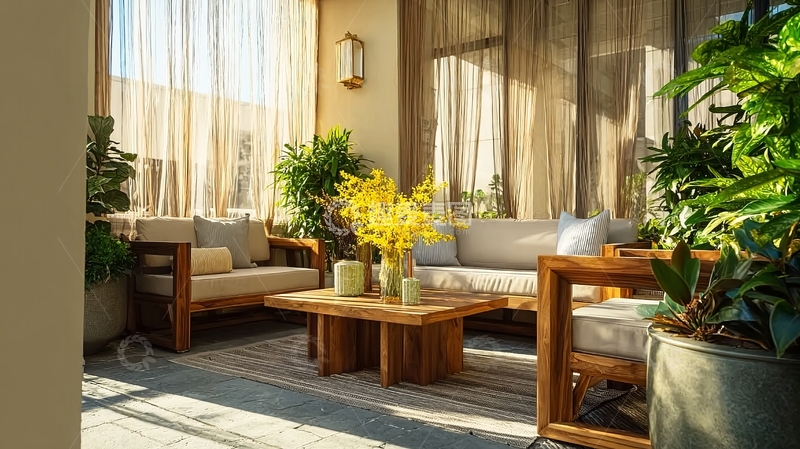 高清大图下载【趣麦麦图】阳光洒落的室内休闲区摆放着木质家具和绿植