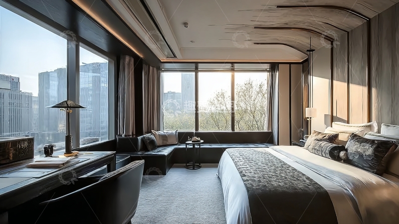 高清大图下载【趣麦麦图】现代豪华酒店房间内景配备大窗户和舒适床铺