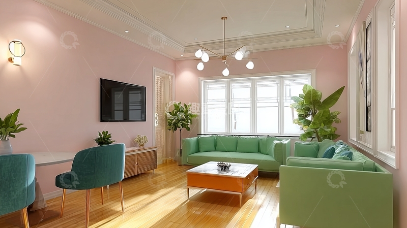 高清大图下载【趣麦麦图】粉色墙面客厅配绿色沙发和大型窗户
