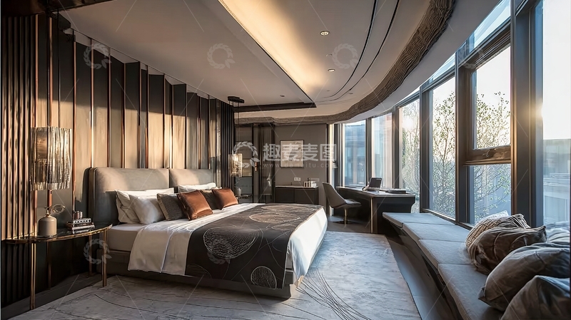 高清大图下载【趣麦麦图】现代豪华卧室设计带大面积落地窗和温馨灯光
