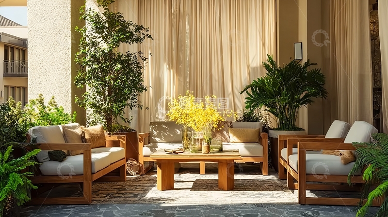 高清大图下载【趣麦麦图】阳光洒落的户外庭院摆放着木质沙发和绿植