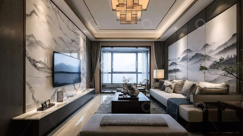 高清大图下载【趣麦麦图】现代简约风格客厅设计电视墙装饰画沙发组合