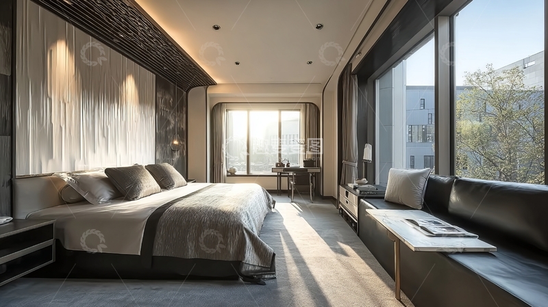 高清大图下载【趣麦麦图】现代简约风格卧室阳光明媚落地窗景观