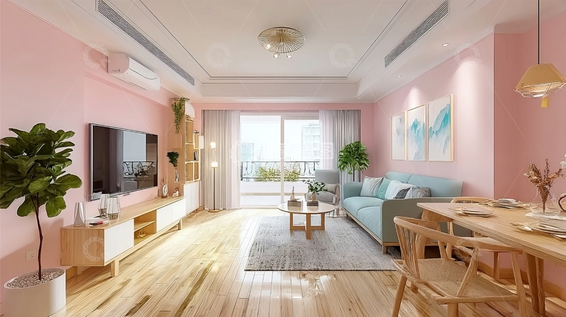 高清大图下载【趣麦麦图】粉色墙面现代简约风格客厅与餐厅一体设计