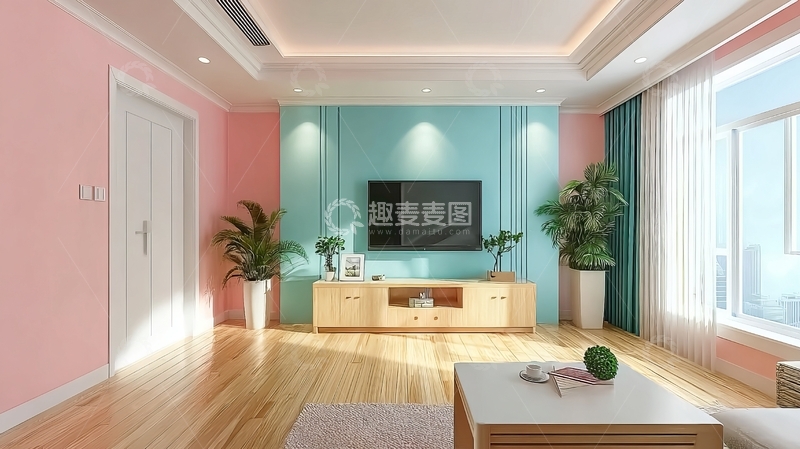高清大图下载【趣麦麦图】现代客厅粉色墙面搭配木质家具温馨舒适