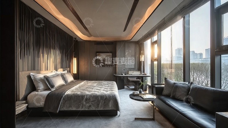 高清大图下载【趣麦麦图】现代豪华卧室配备大窗户和城市景观
