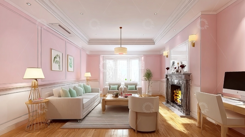 高清大图下载【趣麦麦图】粉色墙面的现代客厅布置温馨舒适