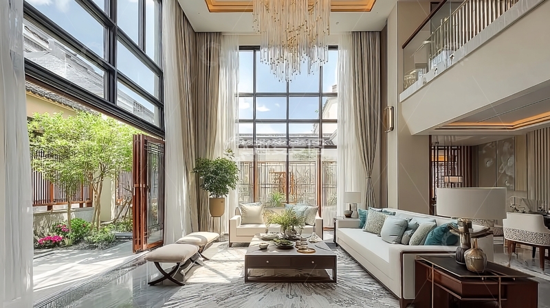 高清大图下载【趣麦麦图】现代豪华客厅与庭院景观融合的室内设计