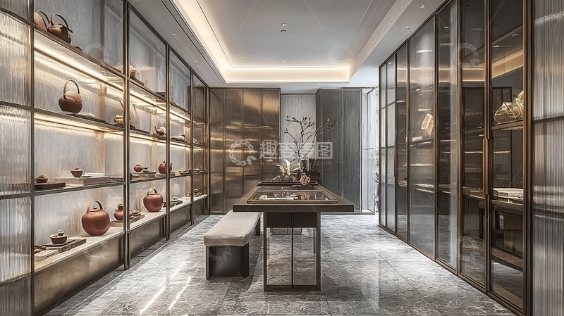 高清大图下载【趣麦麦图】现代展厅内陈列着精致茶具与装饰品