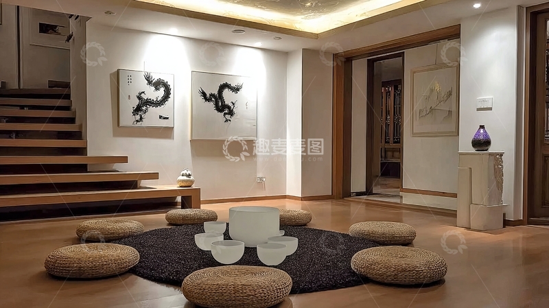 高清大图下载【趣麦麦图】现代简约风格客厅摆放圆形坐垫与艺术挂画