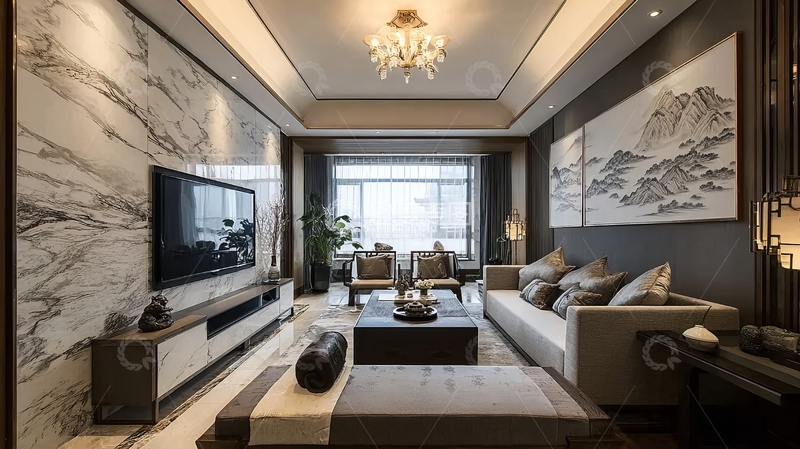 高清大图下载【趣麦麦图】现代简约风格客厅装饰以大理石墙面和山水画为主