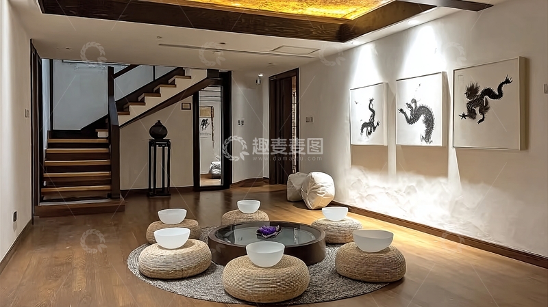 高清大图下载【趣麦麦图】现代中式风格客厅布置配有圆形坐垫和龙形装饰画