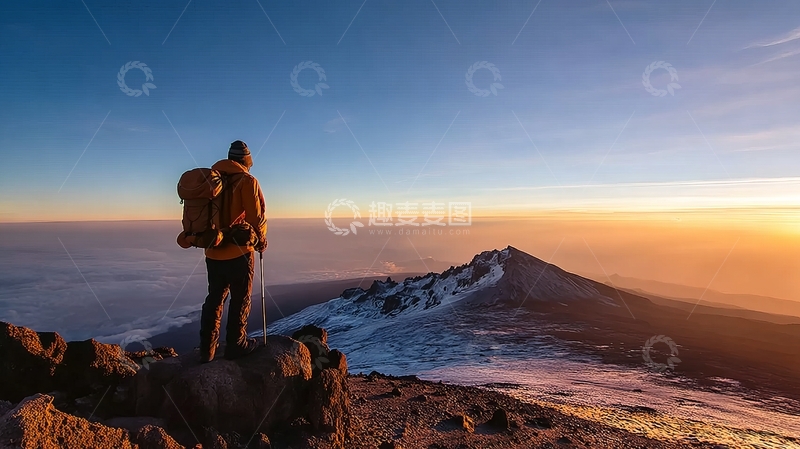 高清大图下载【趣麦麦图】登山者在日出时分眺望雪山