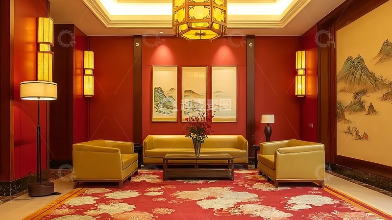 高清大图下载【趣麦麦图】典雅中式风格客厅装饰以红色为主色调