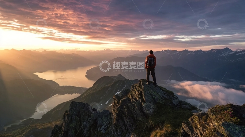 高清大图下载【趣麦麦图】日出时分山顶远眺壮丽山河景色