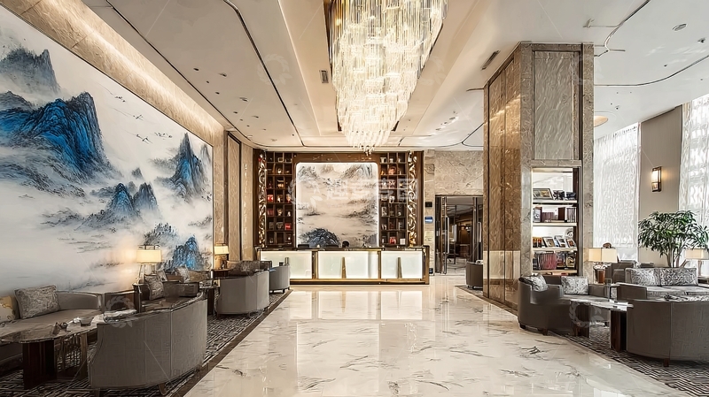 高清大图下载【趣麦麦图】豪华酒店大堂装饰现代艺术壁画与水晶吊灯