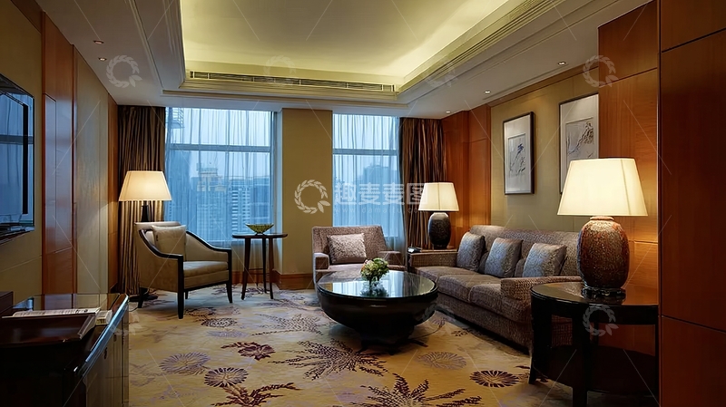 高清大图下载【趣麦麦图】豪华酒店客厅配备沙发茶几和落地窗景观