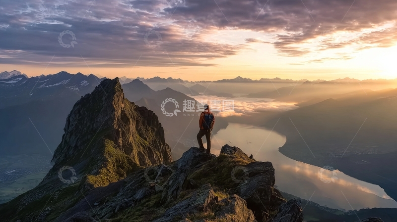 高清大图下载【趣麦麦图】登山者在山顶俯瞰云海与湖泊的日出景象