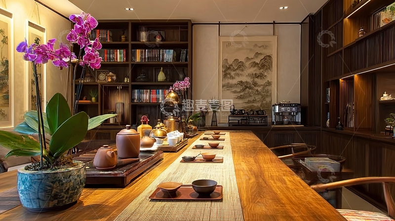 高清大图下载【趣麦麦图】典雅中式茶室陈设精美茶具与花卉装饰