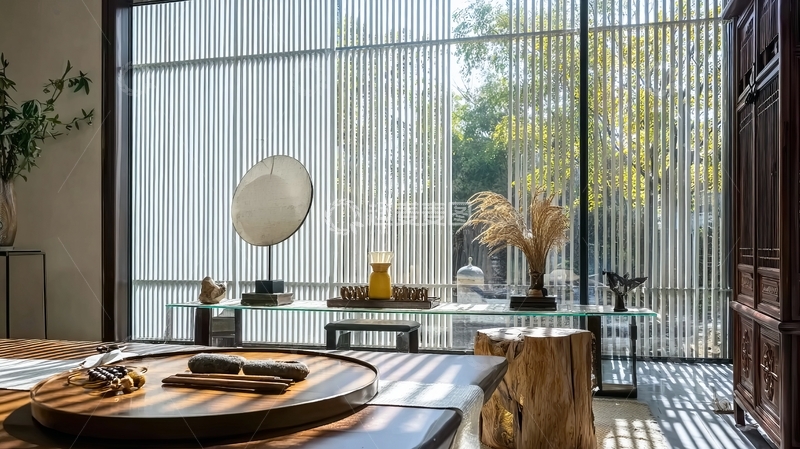 高清大图下载【趣麦麦图】现代中式风格室内空间展示茶具与装饰品