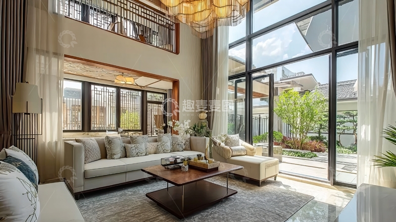 高清大图下载【趣麦麦图】现代客厅设计宽敞明亮配有大窗户和舒适沙发