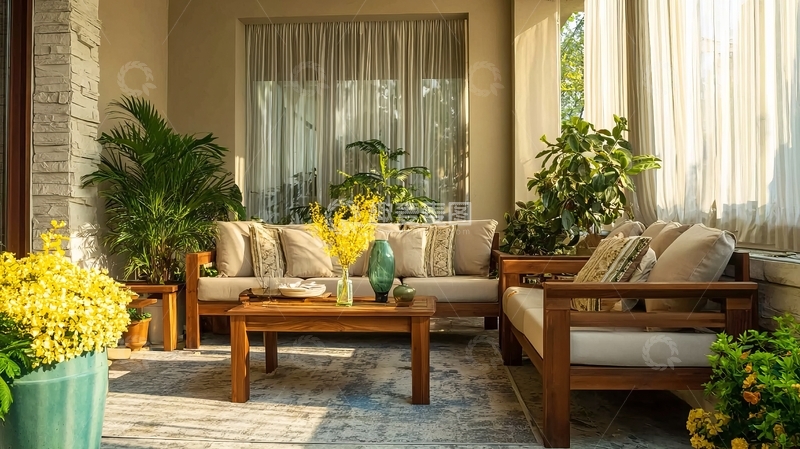 高清大图下载【趣麦麦图】阳光洒落的温馨户外客厅摆放着木质沙发和绿植