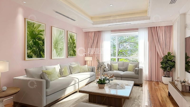 高清大图下载【趣麦麦图】温馨粉色客厅配绿植装饰与自然采光