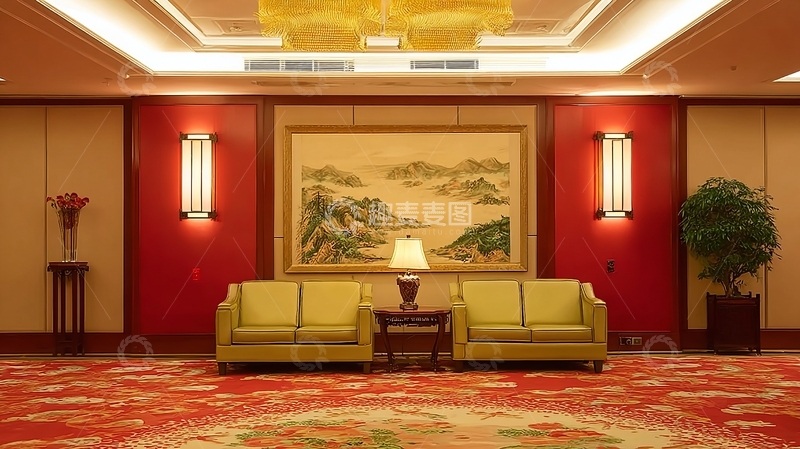 高清大图下载【趣麦麦图】豪华室内客厅装饰有山水画和绿色沙发