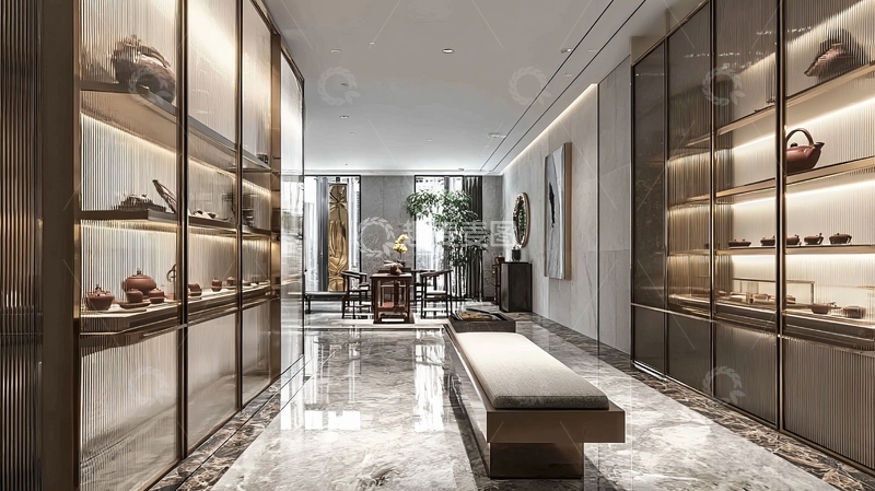 高清大图下载【趣麦麦图】现代展厅内陈列精美陶瓷艺术品的长廊