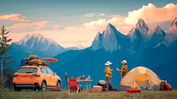 橙色越野车露营于雪山脚下