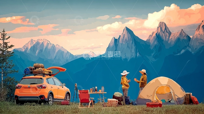 高清大图下载【趣麦麦图】橙色越野车露营于雪山脚下