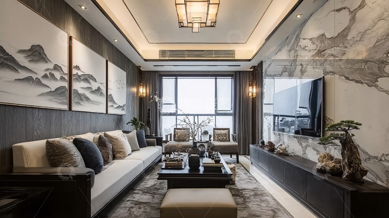 高清大图下载【趣麦麦图】现代中式风格客厅设计融合山水画与大理石元素