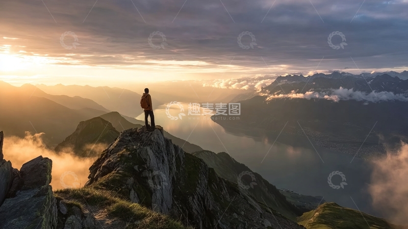 高清大图下载【趣麦麦图】日出时分山顶远眺云海壮丽景色