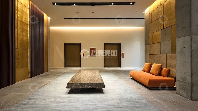 高清大图下载【趣麦麦图】现代简约风格的室内大厅设有橙色沙发和装饰墙面